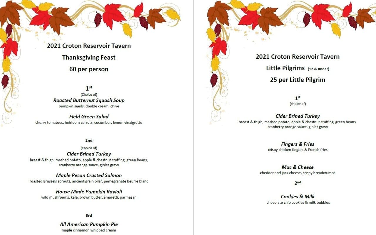 Croton Reservoir Tavern Thanksgiving Dinner Menu