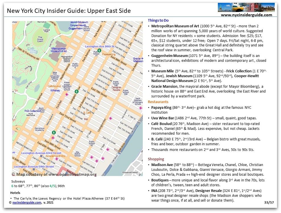 Upper East Side NYC Printable Map